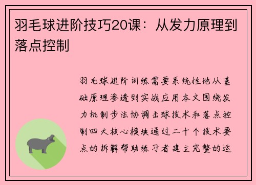 羽毛球进阶技巧20课：从发力原理到落点控制