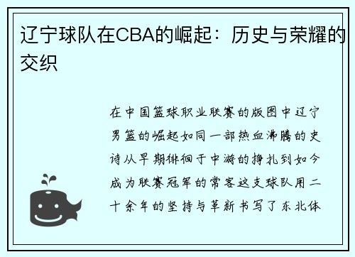 辽宁球队在CBA的崛起：历史与荣耀的交织