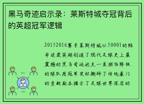 黑马奇迹启示录：莱斯特城夺冠背后的英超冠军逻辑